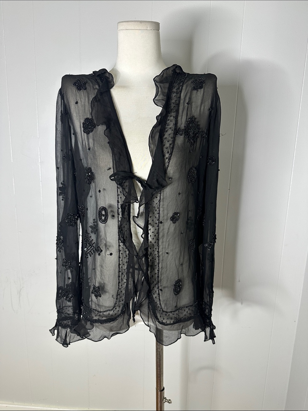 Vintage 80s Does Antique Mourning Era Look Silk Chiffon Beaded Witchy Tie Blouse